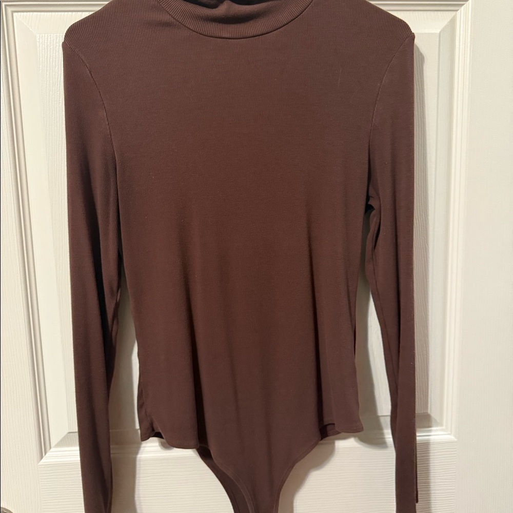 Brown Ribbed Turtleneck Bodysuit